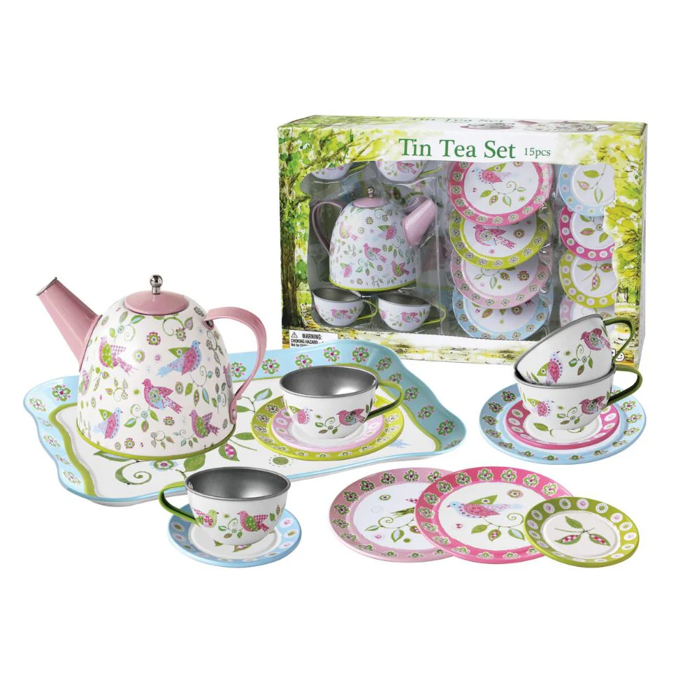 Bird Design Tin Tea Set 15 piece - Image 2